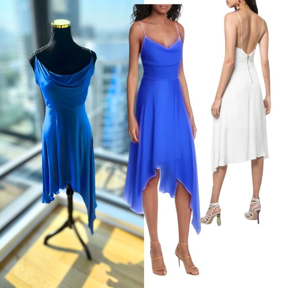 🆕 ALICE + OLIVIA 🧿 NWT Alita Spaghetti Strap Drape Asymmetrical Dress Blue Sz4 - Picture 1 of 16